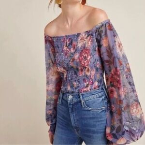 Anthropologie Floral Off-Shoulder Blouse - Purple and Pink S